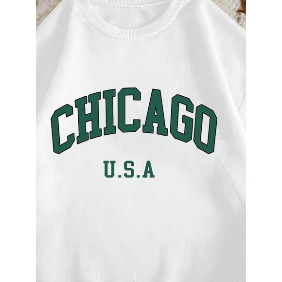 ⚡Women White Chicago Imported Graphic Crewneck Long Sleeve Pullover Sweatshirt - Picture 5 of 5